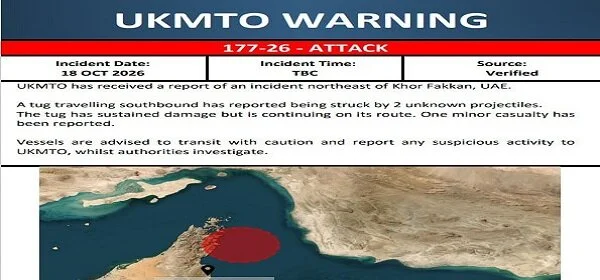 UKMTO reports tug struck by two projectiles northeast of Khor Fakkan